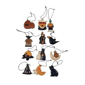 HALLOWEEN Mini Hanging Tree Ornaments Miniature 2" lot 12 Spooky Ghost Crow Cat